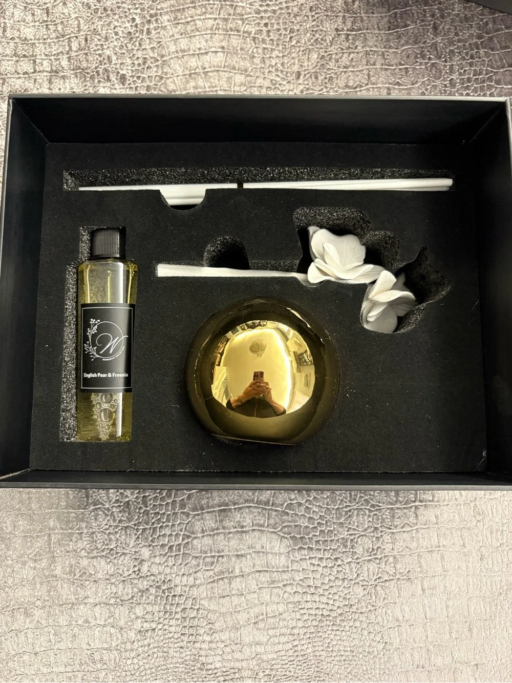Gold Ceramic Reed Diffuser with White Orchid Accents